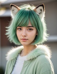 girl portrait with green hair and foxy ear
