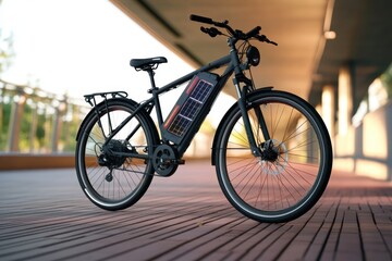 Fototapeta premium Innovative solar-powered bicycle parked on a modern urban walkway during daylight