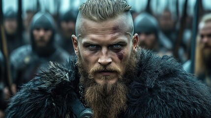 Determined viking male warrior with battle scar leading army