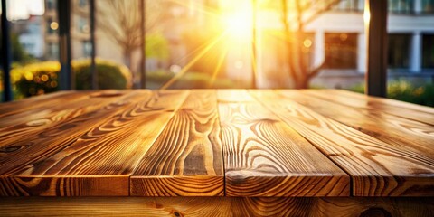 A close-up shot of a rustic wooden table with a blurred backdrop of a sun-drenched outdoor scene.