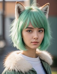 girl portrait with green hair and foxy ear