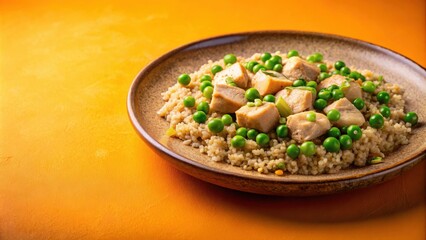 A plate of chicken and peas over a bed of pearl couscous, served on a brown plate against a vibrant orange backdrop