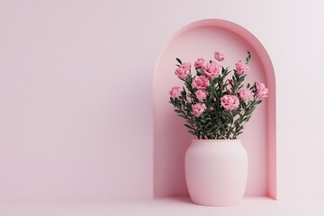 Fototapeta premium Valentine's Day Pink Roses in Vase Minimalist Floral Arrangement Pastel Background