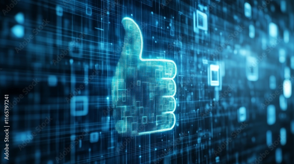 Poster futuristic thumbs-up hologram symbolizing digital approval and technological progress. a 3d render d