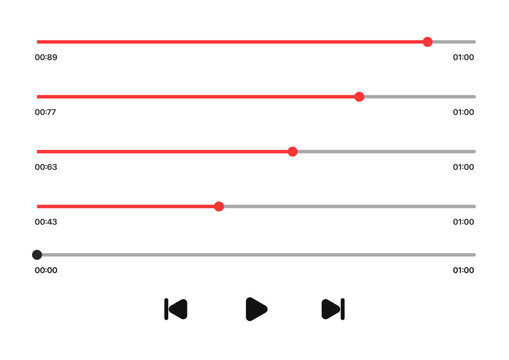 Audio or video player progress loading bars with time slider, play and pause, rewind and fast forward buttons. Templates of media player playback panel interface.