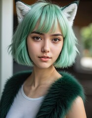 girl portrait with green hair and foxy ear