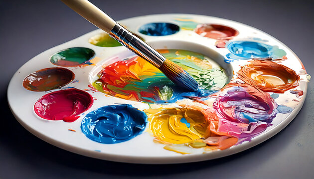 Vibrant close-up of a paintbrush mixing colorful acrylics on an artist's palette. Perfect for projects related to art, creativity, painting, and design.  Ideal for websites, blogs, or advertisements