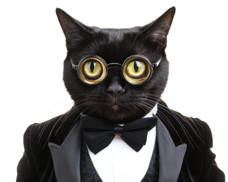 A black cat wearing glasses and a tuxedo, isolated on a white background.