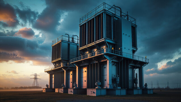 Gas compressor station illuminating under dramatic sky at sunset