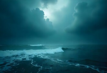 Stormy ocean with dark clouds and mist , creating a dramatic and moody atmosphere.