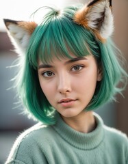 girl portrait with green hair and foxy ear