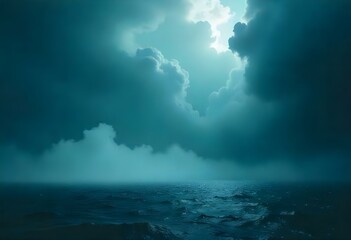 Obraz premium Stormy ocean with dark clouds and mist , creating a dramatic and moody atmosphere.