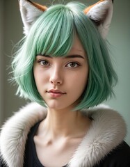 girl portrait with green hair and foxy ear
