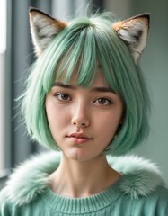 girl portrait with green hair and foxy ear