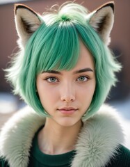 girl portrait with green hair and foxy ear