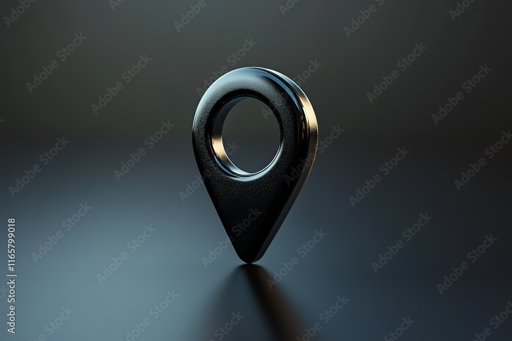 Poster dark metallic location pin icon on a reflective surface. a simple yet striking image, perfect for na