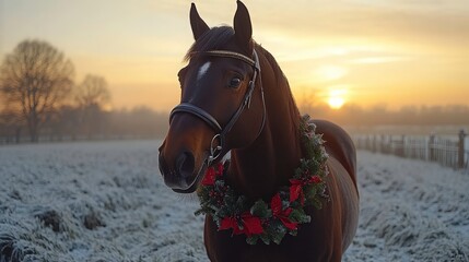 Obraz premium Majestic Brown Horse with Festive Wreath in Winter Landscape at Sunrise, Creating a Beautiful Holiday Atmosphere Full of Warmth and Charm