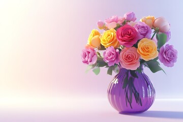 Vibrant bouquet of colorful roses in a purple vase. A beautiful floral arrangement perfect for any occasion.