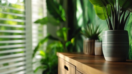Fototapeta premium Home Decor: Green Plants and Wooden Furniture in a Sunlit Room