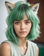 girl portrait with green hair and foxy ear