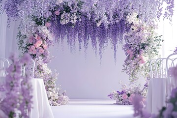 Lavender and pink floral archway, perfect for a romantic wedding or event backdrop.