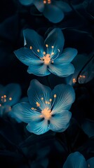 In the darkness, bioluminescent flowers glow in blue and teal hues on black background