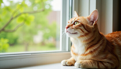 Curious orange cat gazing out the window with greenery background,  cats on windowsills