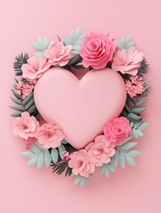 Valentine's Day Pink Heart with Paper Flowers Valentines Day Romance