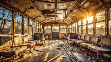 Obraz premium Sunbeams illuminate the interior of a forgotten bus, casting shadows on the worn seats and dusty floor