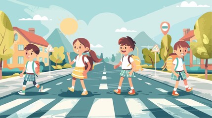 Schoolboys and Schoolgirls Crossing Road in Urban Scene