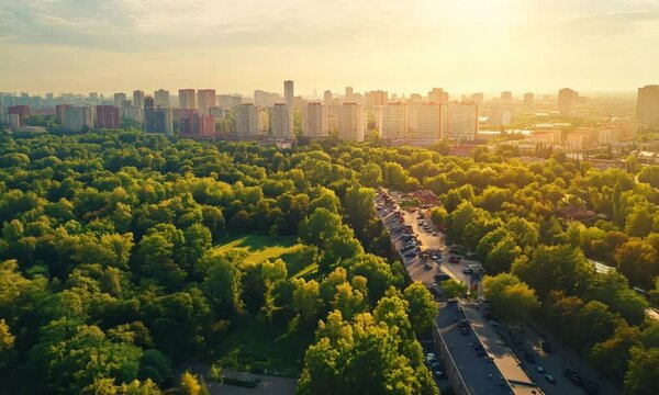 green Airport city park on a sunny summer morning, panoramic view from high-angle perspective reveals a bustling metropolis surrounded by lush greenery, with gleaming skyscrapers
