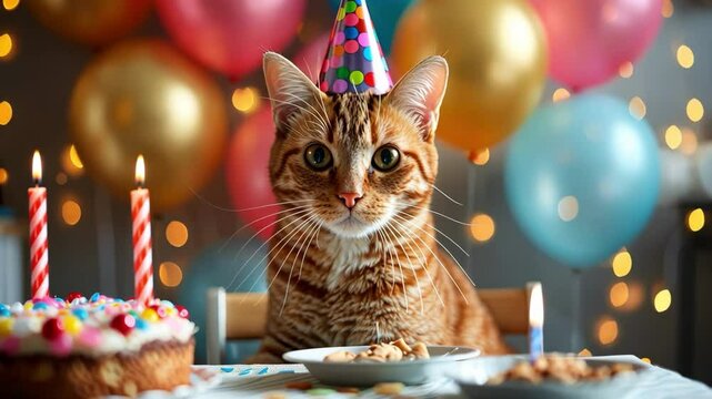 A cat is sitting at a table with a birthday cake and balloons. The cat is wearing a party hat and seems to be enjoying the celebration