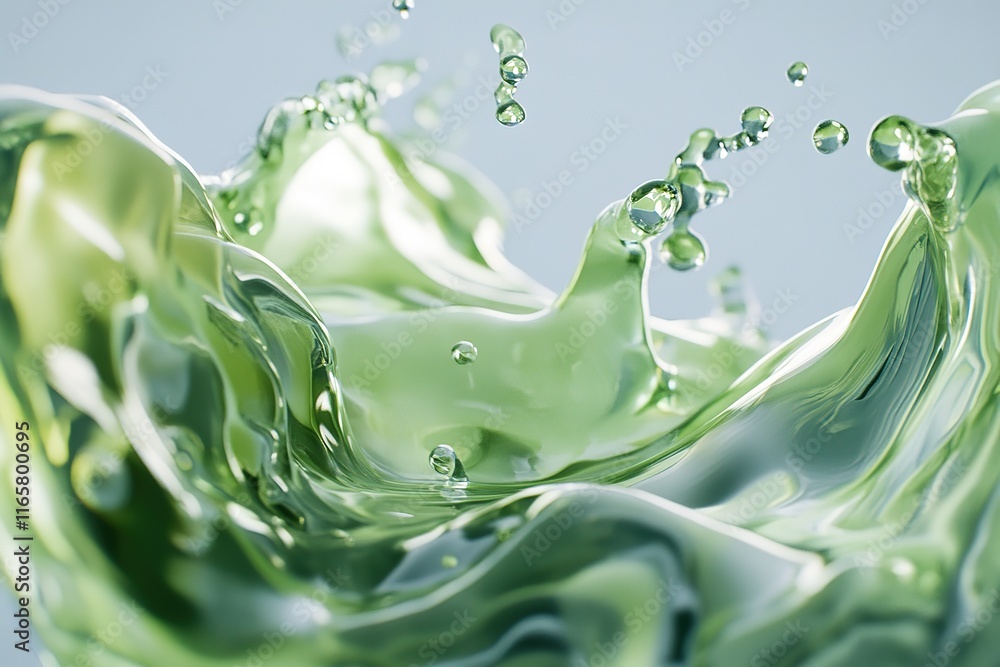 Poster abstract green liquid splash. dynamic waves and droplets create a vibrant, refreshing image.