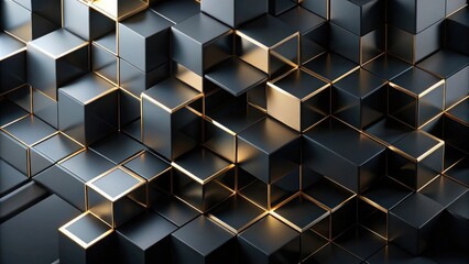 A Wall of Black Cubes Adorned with Gold Accents, Creating a Geometric and Elegant Abstract Pattern