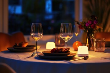 Elegant dinner setup with candles and flowers in a cozy evening atmosphere