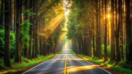 A winding asphalt road through a dense forest, bathed in the golden light of the rising sun, creating a magical and serene atmosphere.