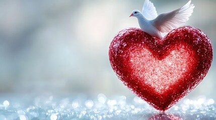 Obraz premium White Dove Resting on a Red Glittering Heart