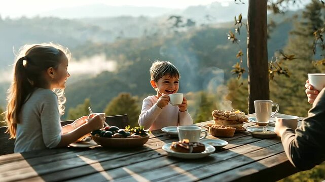 Family Breakfast on Porch with Misty Valley View
