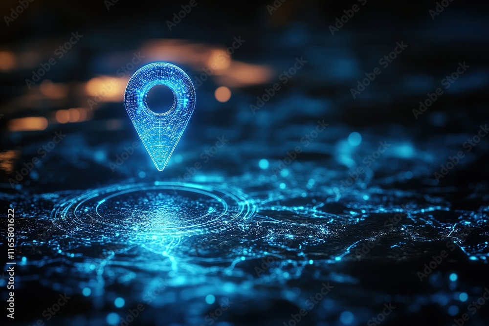 Poster digital map pin location indicator glowing on a dark background. abstract digital technology concept