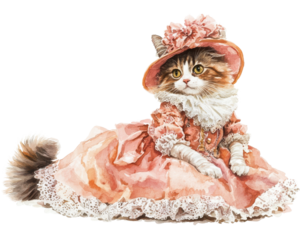 Adorable cat in a fancy dress with a hat, isolated on a white background.