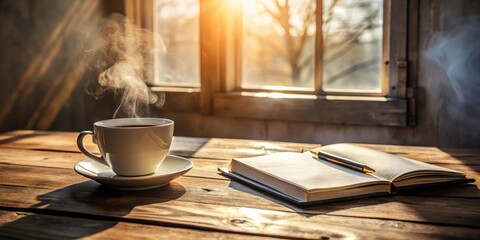 A warm cup of tea and an open book with a pen resting on the pages, bathed in the soft glow of sunlight streaming through a window.