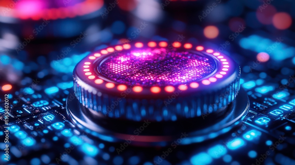 Poster colorful illuminated buttons on a futuristic control panel with abstract patterns, reflecting a vibr