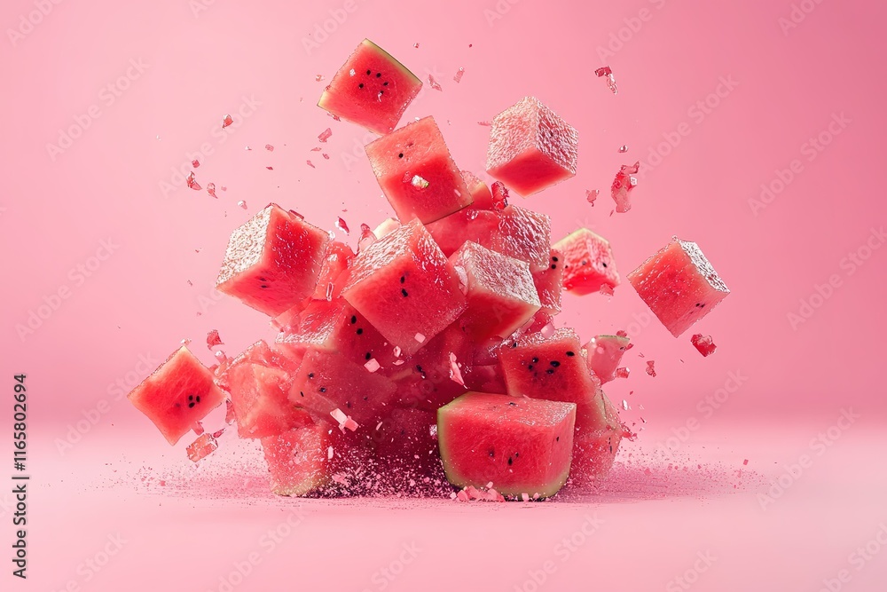 Poster exploding watermelon cubes against a pink background. a vibrant and refreshing summer image.