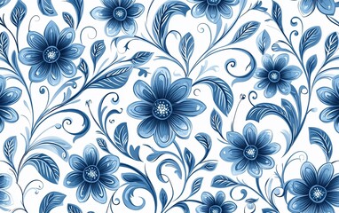 Seamless blue floral pattern with ornate swirls and leaves on white background.