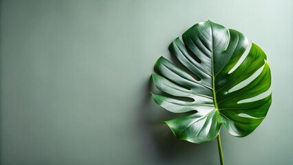 Obraz premium A single monstera leaf, with its characteristic cuts and veins, rests against a soft green background. The leaf's natural beauty and vibrant green hues offer a simple yet elegant touch.