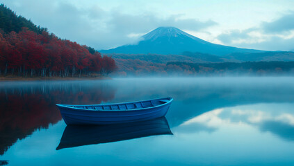 Obraz premium A serene blue boat floats on a calm lake perfectly reflecting the backdrop of natural beauty.