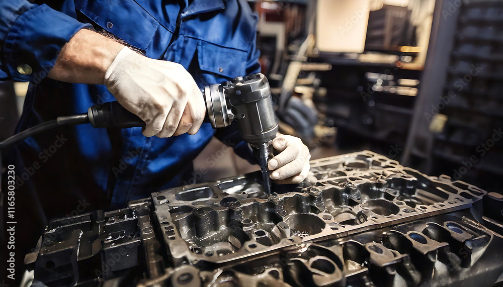 Poster close-up of a mechanic's hands using a power tool on an engine block. industrial setting, focus on p