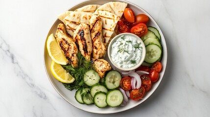 Deconstructed Chicken Gyros Platter with Tzatziki and Fresh Vegetables on Marble Surface