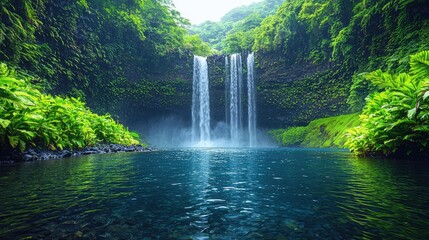 Lush Jungle Oasis: A hidden tropical waterfall cascading into a crystal-clear lagoon, surrounded by exotic, oversized plants and vibrant flowers
