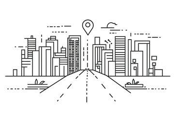 Road leading to a modern city skyline. Location pin indicates destination.